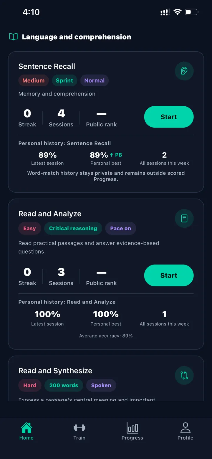 Cranial Gym home screen showing the three comprehension practice modes