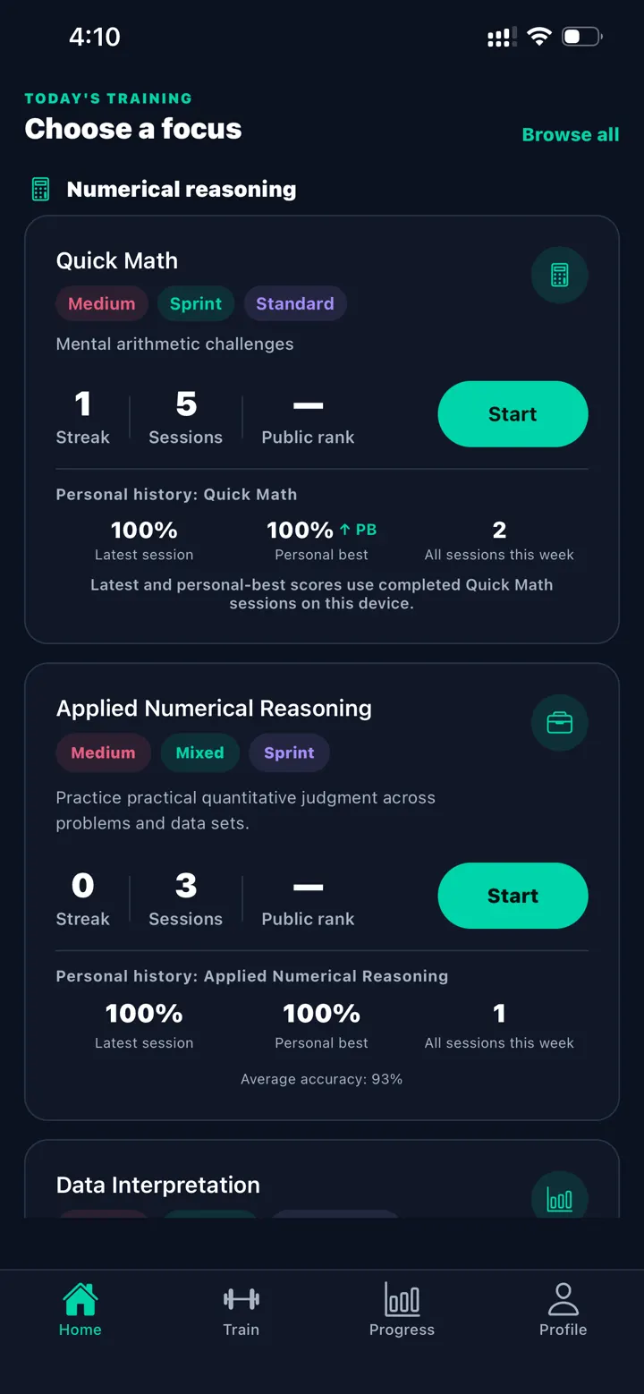Cranial Gym home screen showing the three numerical reasoning practice modes