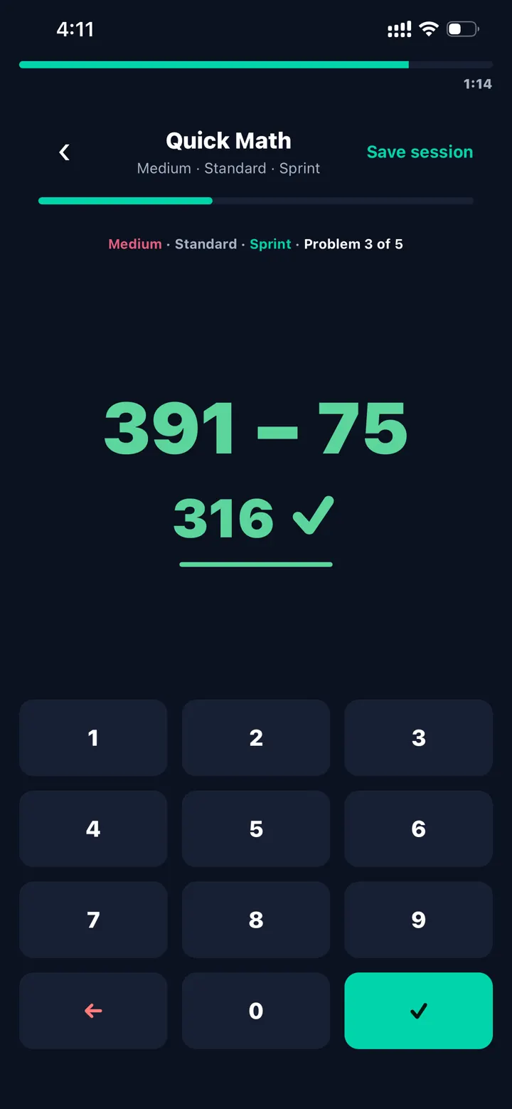 Complete Quick Math exercise screen with a subtraction problem and numeric keypad