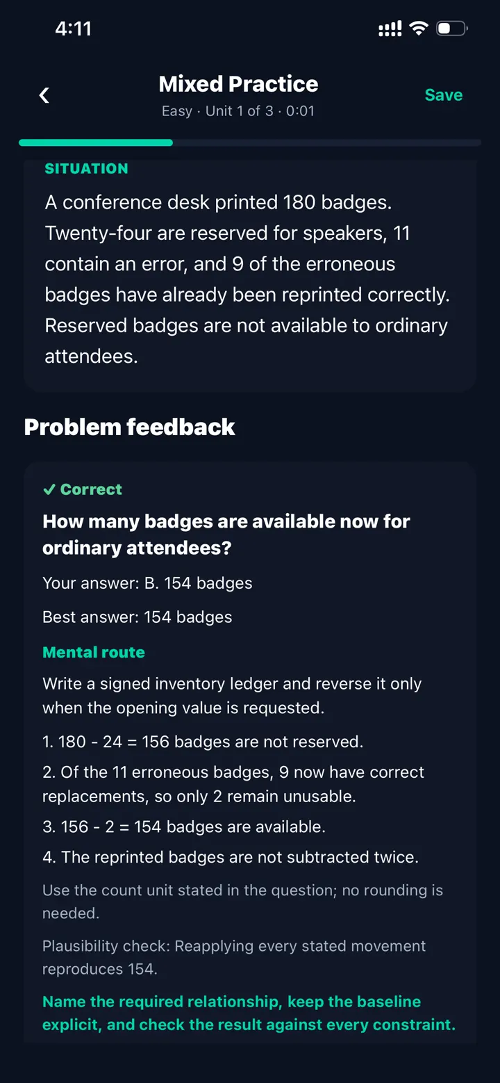Complete detailed feedback screen showing the answer and mental route