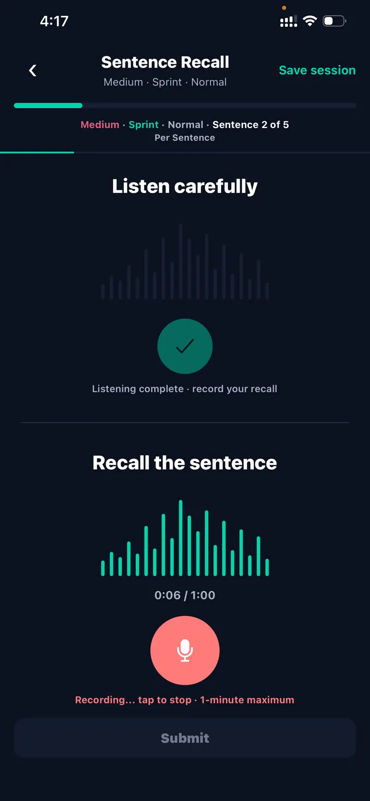 Complete Sentence Recall exercise ready for a spoken recall